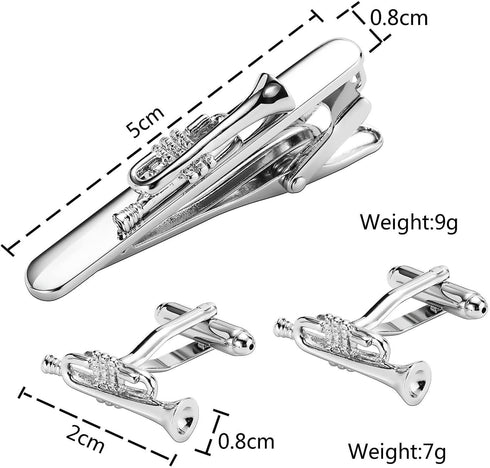 Silver Mens Cufflink Shirts Stainless Steel Cufflink Set, Trumpet Mens Tie Clip Cuff Links Mens Jewelry Gift for Men...
