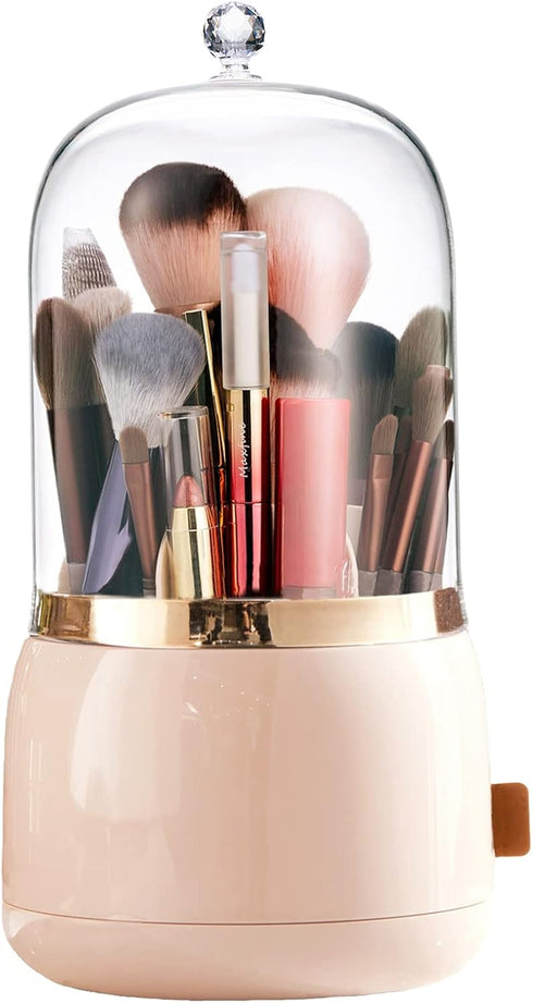 Makeup Brush Holder Organizer with Lid 360 Rotating Dustproof Makeup Brushes Organizer for Vanity (Blush Pink)...