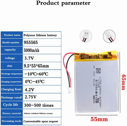 3.7V 955565 5000mAh Lithium Polymer ion Battery Rechargeable Polymer Battery Pack with JST 2.0mm Connector...