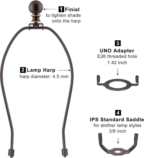 Bronze Lamp Shade Holder with Lamp Finials - 10 Inch, 2 Set Lamp Harp with 3/8 Standard Saddle, E26 Light Base UNO Fitter Adapter, Lamp Hardware f...