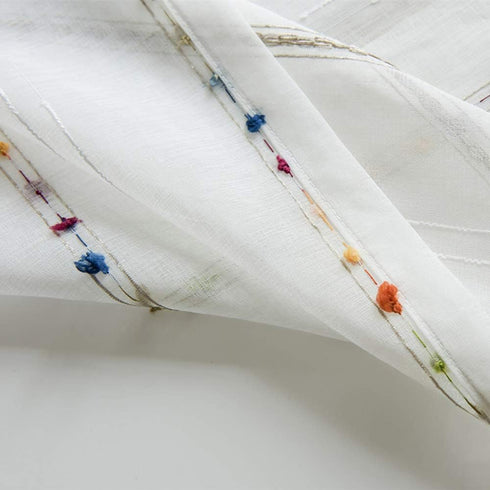 pureaqu Faux Linen Stripe Pom Pom Sheer Curtain for Bedroom/Kids Room Embroidered Colorful Rainbow Semi Sheer Voile Window Curtain for Living Room...