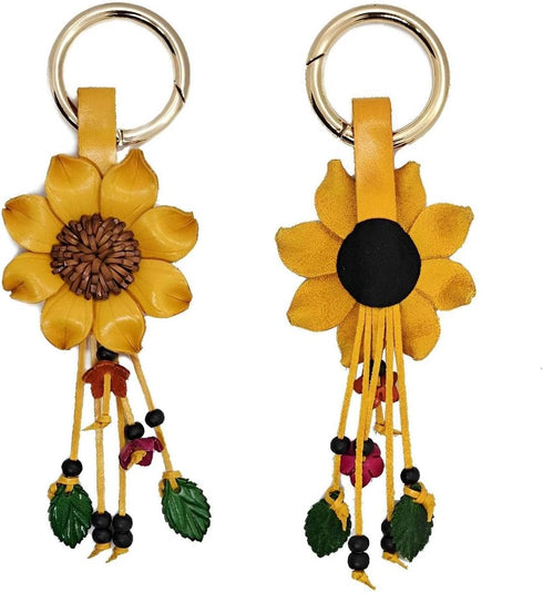 Leather Flower Keychain Purse Tassels Charms Women Handbags Designer Bag Accessories Keyring Decor Yellow Flower 7" Long...