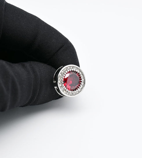 Red Crystal Gemstone Cufflinks for Men Lady In Gift Case Silver Round Men's Cufflinks Jewelry Set for Wedding Anniversary Business Party Events Tu...