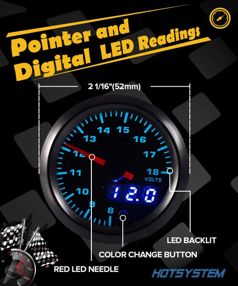 7 Color Voltmeter Volt Gauge Kit 8 to 18 Volt Pointer & LED Digital Readouts 2-1/16" 52mm Black Dial for Car Truck...