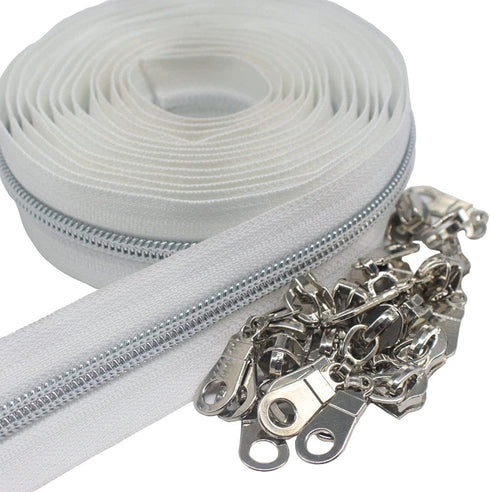 MebuZip #5 Silver Metallic Nylon Coil Zippers by The Yard Bulk Coil Zipper Roll 10 Yards with 25pcs Pulls for DIY Sewing Craft Bags (White)...