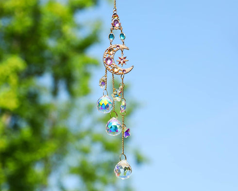 Handmade Crystal Moon&Star Prisms Suncatchers, Glass Window Hanging Ornament, Rainbow Rhinestones Decor for Home Garden...