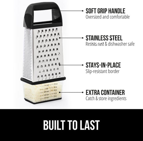 GORILLA GRIP XL 4-Sided Cheese Grater With Container, 100% BPA-Free Stainless Steel Box Graters, Parmesan Shredder, Grate Cheeses, Shred Veggies, ...