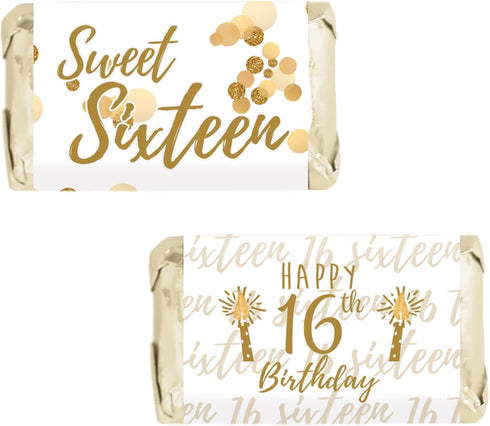 White and Gold Sweet 16 Birthday Party Mini Chocolate Candy Bar Wrappers - Sixteen 16th Party Favor Stickers - 42 Stickers...