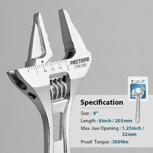 FIRSTINFO F36108 8" Hookable Deep Throat Adjustable Wrench, 1-1/4 inch (32mm) Wide Jaw Opening, Metric & SAE Scales | Chrome-Vanadium Steel Constr...