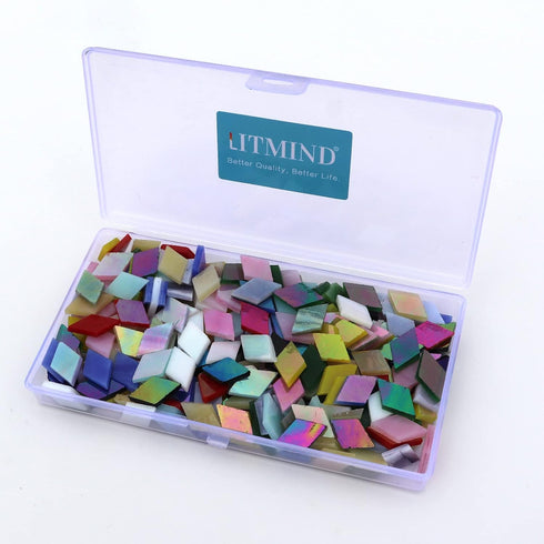 LITMIND Diamond Shaped Iridescent Glass Mosaic Tiles for Crafts Bulk, 0.79" x 0.48" Precut Mixed Colors Stained Glass Pieces, DIY Mosaic Making Su...