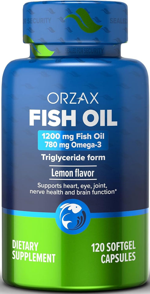 ORZAX Omega 3 Fish Oil 1200 mg - EPA DHA Omega 3 Supplement - Heart, Eye, Joint, and Nerve & Brain Supplement - Lemon Flavored - 120 Softgels Caps...