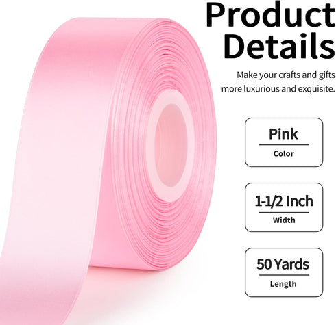 1-1/2 Inch Wide Pink Satin Ribbon, 50 Yards Solid Polyester Fabric Ribbon for Roses Making, Gift Wrapping, Wedding Decorations, Crafts, Bows, Flow...