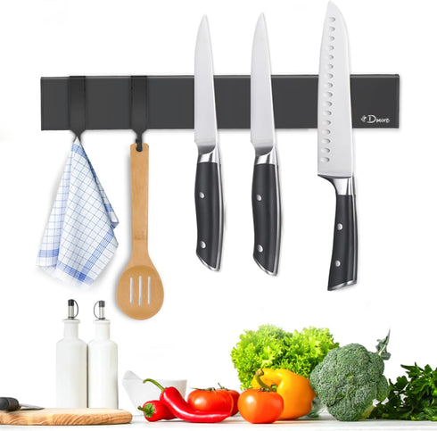 magnetic knife holder for wall—with 2 hooks, No Drilling 10 Inch black knife magnetic strip, Powerful knife magnet rack, include Adhesive Tape and...