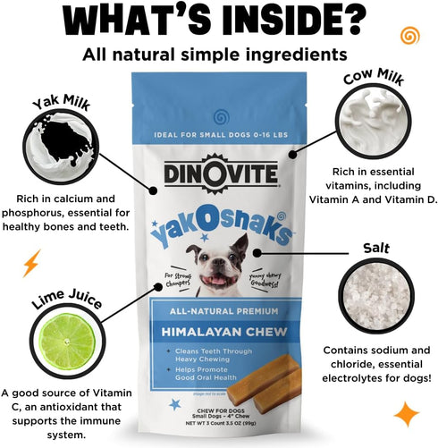 Dinovite YakoSnaks - Himalayan Yak Chews for Dogs - Long Lasting and Low Odor Yak Cheese Dog Chews (Small Dogs)...