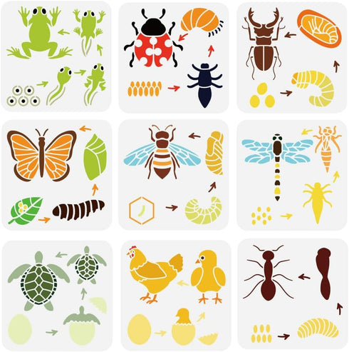 FINGERINSPIRE 9PCS Animal Growth Painting Stencil 7.8x7.8inch Reusable Animal Growth Cycle Stencil Frog Ladybug Stag Beetle Butterfly Bee Dragonfl...