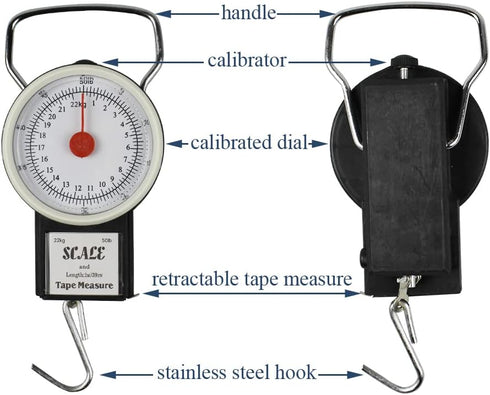 JSHANMEI Digital Hanging Scale Mechanical Kitchen and Fishing Scale Multi-Purpose Portable Hand Held Dial Weight Scale with Tape Measure (50 Lbs /...