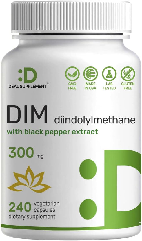 DIM Supplement 300mg, 240 Caps, 4 Months Supply | Estrogen Balance for Men & Women | Diindolylmethane Plus Black Pepper Extract for Enhanced Absor...