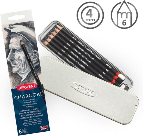 Derwent Charcoal Pencils, Metal Tin, 6 Count (0700838)...