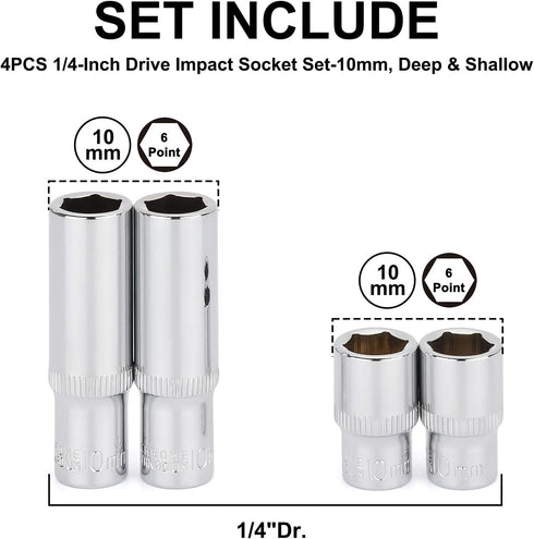 CASOMAN 4 Pieces 1/4-Inch Drive Impact Socket Set-10mm, Deep & Shallow, Metric, 6 Point Desgin, Mirror Chrome Finish...
