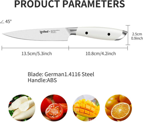5 inch Paring Knife, German 1.4116 Stainless Steel Peeling Knife, Fruit Vegetable Knife with White ABS Handle, Razor Sharp Small Kitchen Knife wit...