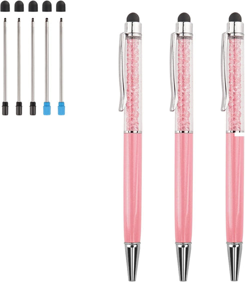 Ballpoint Pens 3 pcs 2 in 1 Bling Crystal Diamond Pen Capacitive Touch Screen Stylus with Replacement Refills Black Blue Ink Rubber Tips for iPhon...