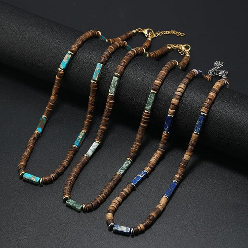 Wooden Beads Choker Necklace Bohemian Turquoise Handmade Coconut Beaded Surfer Necklace for Women Men...