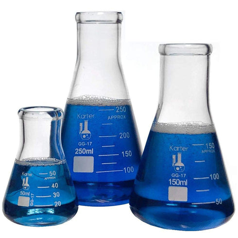 Glass Erlenmeyer Flask Set - 3 Sizes - 50, 150 and 250ml, Karter Scientific...