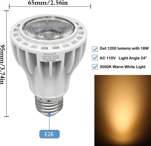 PAR20 LED Bulbs 100W Equivalent 16W, Dimmable 3000K Warm White, 1200LM E26 Medium Base, COB 24°Indoor Flood Light 2-Pack...