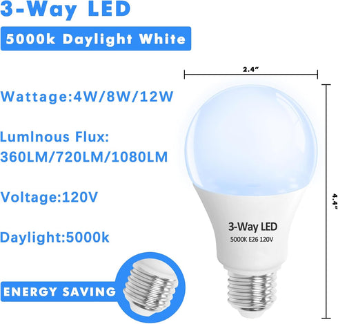 3 Way LED Light Bulbs 2 Pack, 30 70 100 Watt Equivalent, Daylight 5000K A19 Light Bulbs E26 Base, Indoor 3-Way light Bulbs for reading...
