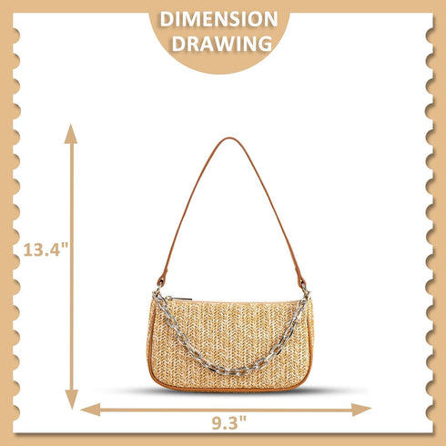 Straw Bag, Beach Bag, Hand-Woven Soft Handbag Underarm Bag With Decorative Chain, Bohemian Summer Bag Suitable for Vacation Travel Daily(Khaki)...