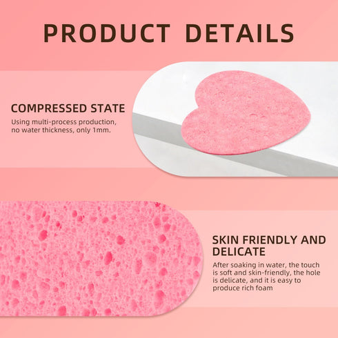 50-Count Heart Shape Compressed Facial Sponges, 100% Natural Cosmetic Spa Sponges for Facial Cleansing for Daily Facial Cleansing, Exfoliating Mas...