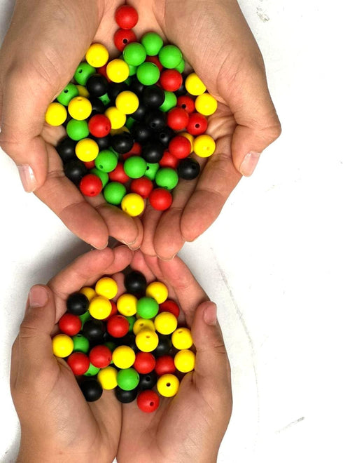 120 Pcs Silicone Rubber Beads Mixed Colors: 120 Beads + 5m Elastic Rope 12mm for Keychain, Bracelets, Necklaces. Green, Yellow, Red, Black. Reggae...
