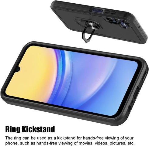 for Samsung Galaxy A15 5G Case, Shockproof Protection Phone Case with Rotatable Ring Holder Kickstand + Tempered Glass Screen Protector for Galaxy...