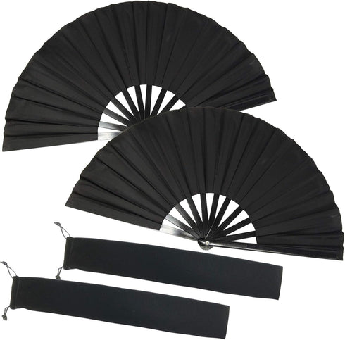 TIHOOD 2PCS Large Folding Silk Hand Fans - Chinese Tai Chi Fans for Men and Women Performance, Dance, Decorations, Festival, Gift (Black x2)...