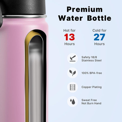 koodee 12 oz Stainless Steel Water Bottle, Double Wall Vacuum Insulated Wide Mouth Flask with Wide Handle Straw Lid (Light Pink)...