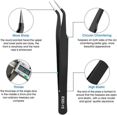 Precision Tweezers Set - 6PCS Anti Static ESD Industrial Tweezers Kit Matte Black, Fits for Electronics Repair, Soldering, Craft, Laboratory Work...