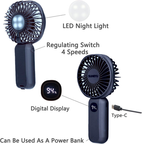 Portable Handheld Fan,Small Fan USB Rechargable with 4000mAh Battery as Powerbank, Mini Fan in LED Nightlight, Cooling Personal Fan for Travel, Ou...
