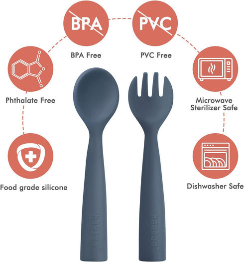 haakaa Toddler Forks and Spoons with Travel Safe Case,Self Feeding Toddler Utensils,Easy Grip Bendy Food-Grade Silicone,Bluestone,12m+...