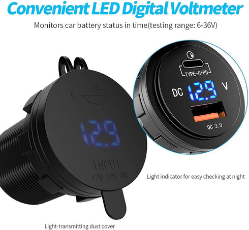 GemCoo 63W USB C Car Charger Socket, 45W PD Outlet 18W Quick Charge 3.0 USB Charger Socket, USB Cigarette Lighter Socket with LED Voltmeter Car US...