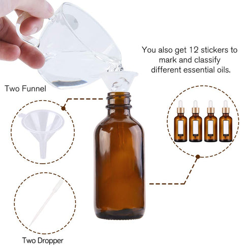 PrettyCare Eye Dropper Bottle 2 oz (12 Pack Amber Glass Bottles 60ml with Golden Caps, 24 Labels, Funnel & Measured Pipettes) Empty Tincture Bottl...