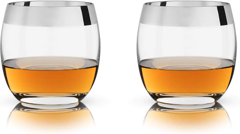 Viski Irving Chrome Rim Crystal Lowball Tumblers Set of 2 - Premium Crystal Clear Cocktail Glass Gold Rimmed Glassware, Stylish Lowball Whiskey Gl...
