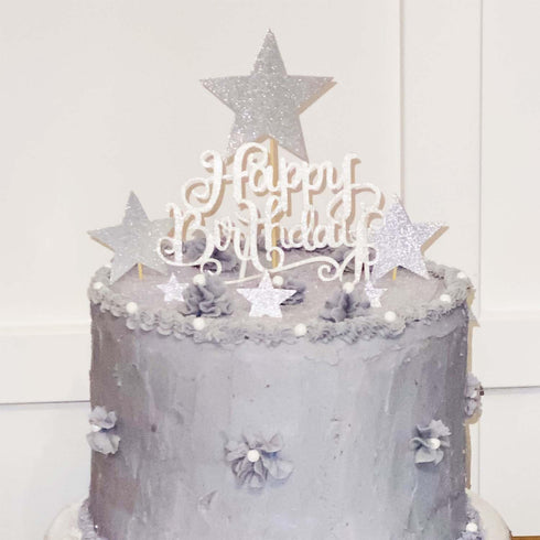 Allazone 1 PCS 'HAPPY BIRTHDAY' Cake Topper & 7 PCS Pentacle Stars Cake Toppers Decoration - Silver...