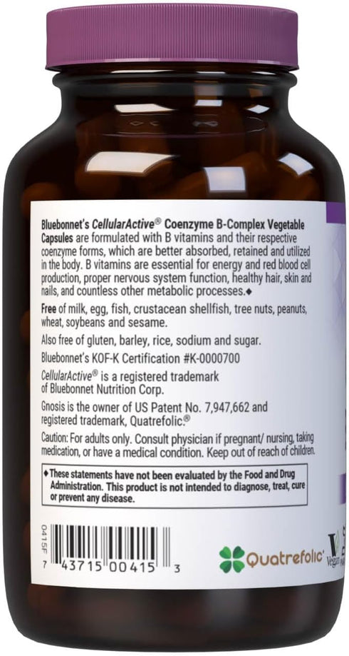 Bluebonnet Nutrition Cellular Active Coenzyme B-Complex, Energy Production & Nerve Support*, Vegan, Kosher Certified, Gluten-Free, Soy-Free, Dairy...