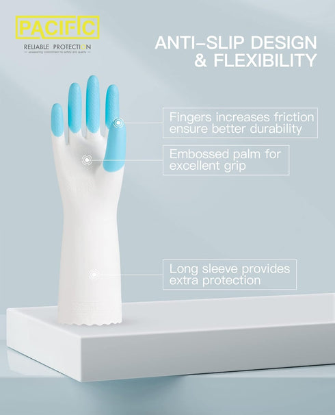 PACIFIC PPE 4 Pairs Reusable Cleaning Gloves, PVC Dishwashing Gloves, Latex Free, Kitchen, Unlined, Blue, Large...
