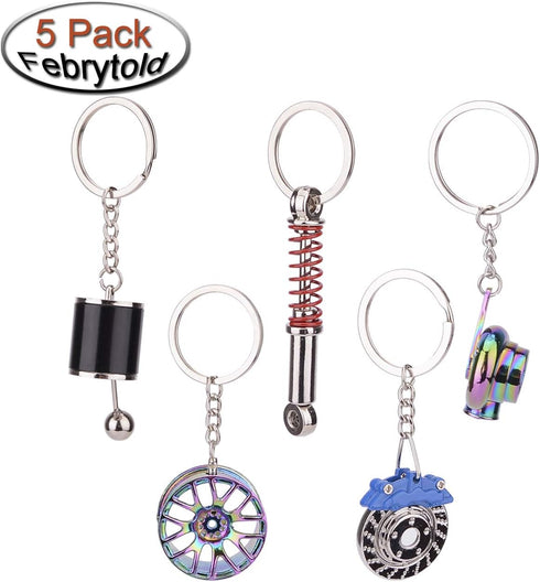 FEBRYTOLD 5 Pcs Car Parts Model Key Chains - Colorful Turbo, Black Manual Gearbox, Tire Rim, Blue Brake Rotor, Red Spring Shock-absorber Keychains...