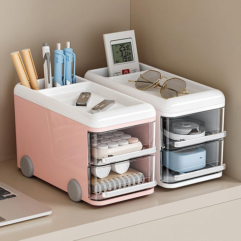 LETURE Cute Desk Organizer with drawers, Plastic Desktop Storage for Business Card/Pen/Pencil/Mobile Phone/Stationery Holder Box, Desktop Organize...