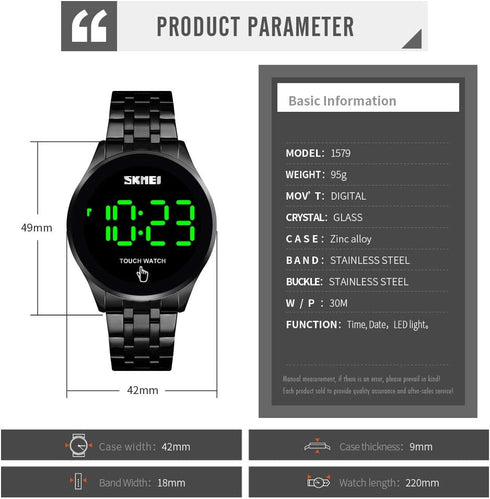 Touch Screen Digital LED Watch Green Highlight Backlight Stainless Steel WatchBand Waterproof Casual Sport Mens Womens Boys Watch...