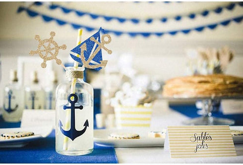 24 Pcs Nautical Theme Glitter Cupcake Picks Cupcake Toppers Food Fruit Picks for Decoration Party Favors...