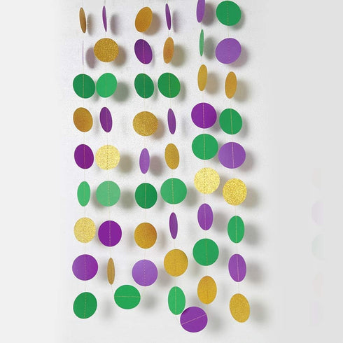 Decor365 Gold Purple Green Mardi Gras Decorations Glitter Dot Mardi Gras Garland Decor Circle Streamers Fat Tuesday Banner Carnival Themed Backdro...