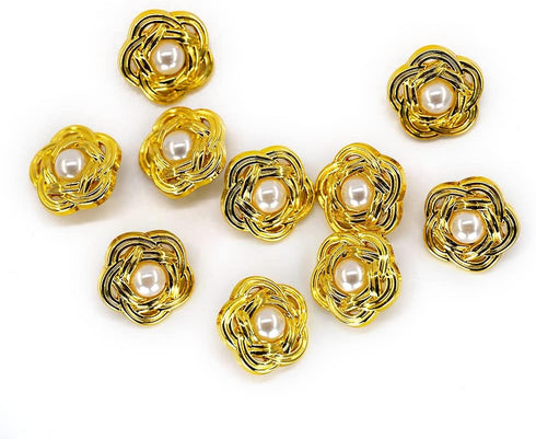 20 pcs Faux Pearl Core Golden Electroplated Openwork Metal Weaving Flower Sewing Shank Buttons - 20mm - 13/16"...